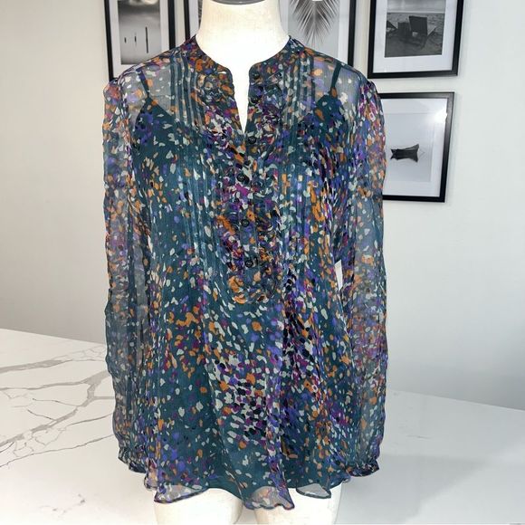 Jigsaw Tops - 100% SILK Jigsaw women’s 10 turquoise printed long sleeve blouse top
